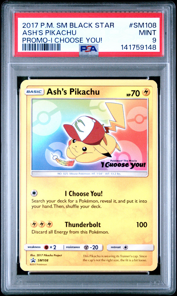 Ash's Pikachu - SM108 - Black Star Promo - PSA Graded Card 9 - #141759148