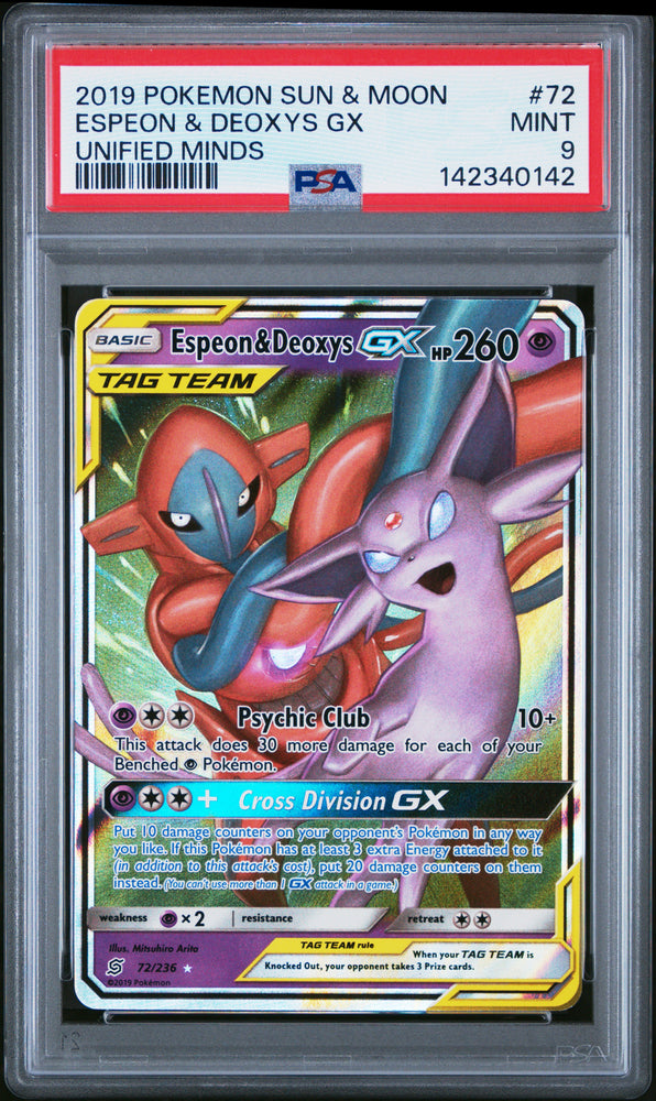 Espeon & Deoxys GX - 72/236 - Unified Minds - PSA Graded Card 9 - #142340142