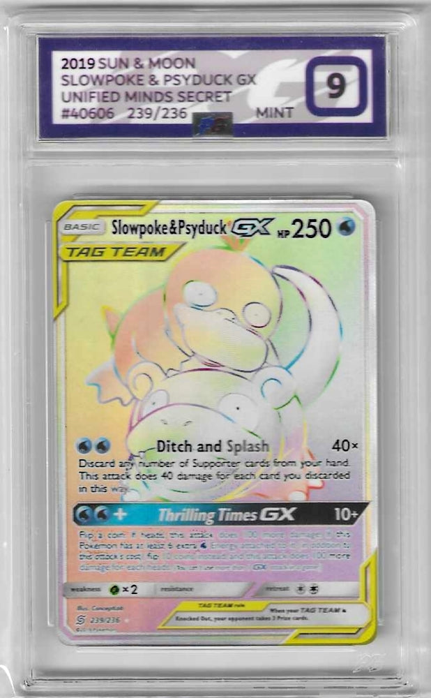 Slowpoke & Psyduck GX - 239/236 - Unified Minds - Rainbow Rare - PG Graded Card 9 - #40606