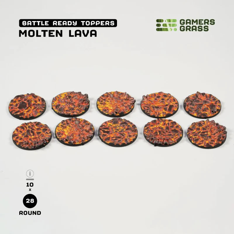 GAMER'S GRASS BATTLE READY TOPPERS - MOLTEN LAVA - ROUND 28MM (10 COUNT)