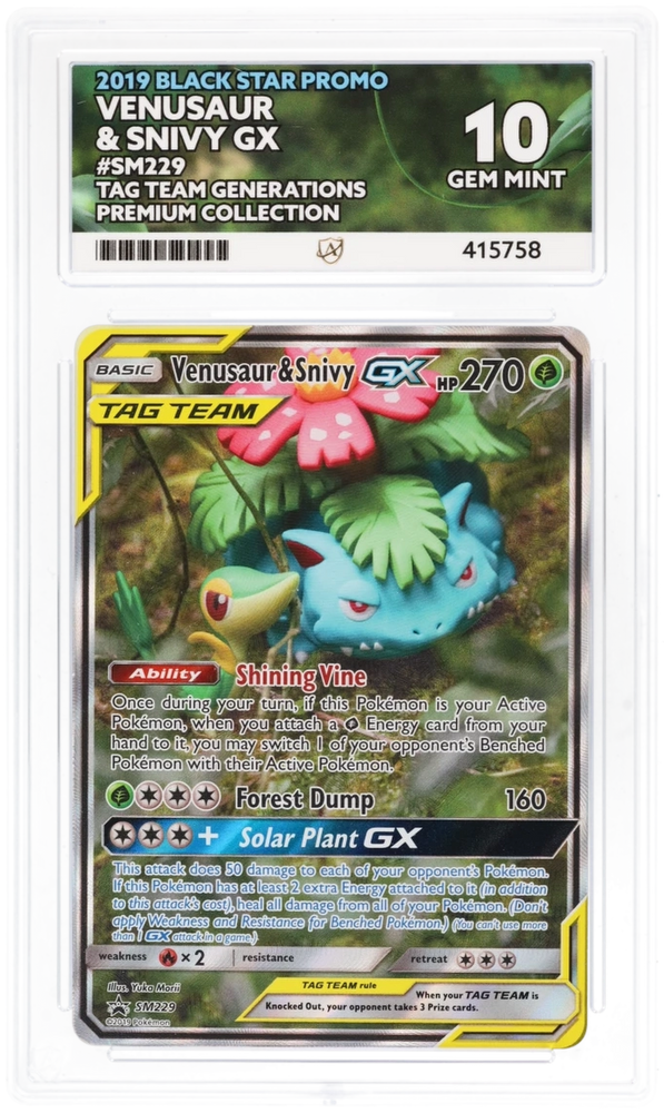 Venusaur & Snivy GX - SM229 - Black Star Promo - ACE Graded Card 10 - #415758 ** Perfect Sub-Grades **
