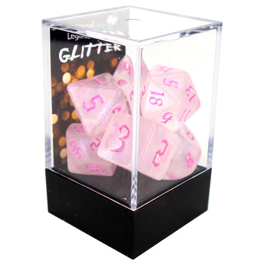 Poly Dice Set - Glitter - Shimmer with Chaos Pink Font, Boxed - Legend Dice