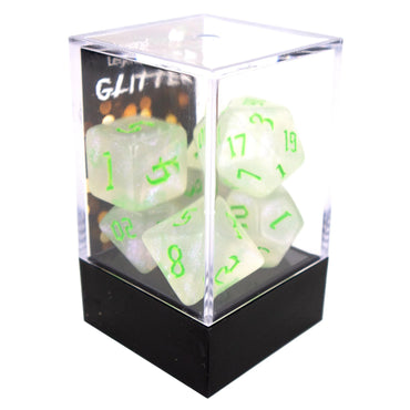 Poly Dice Set - Glitter - Shimmer with Chaos Green Font, Boxed - Legend Dice