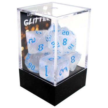 Poly Dice Set - Glitter - Shimmer with Chaos Blue Font, Boxed - Legend Dice